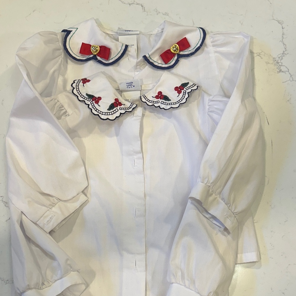 Hartstrings White Button-Front Blouses with Red Bow and Navy Trim, bundle
